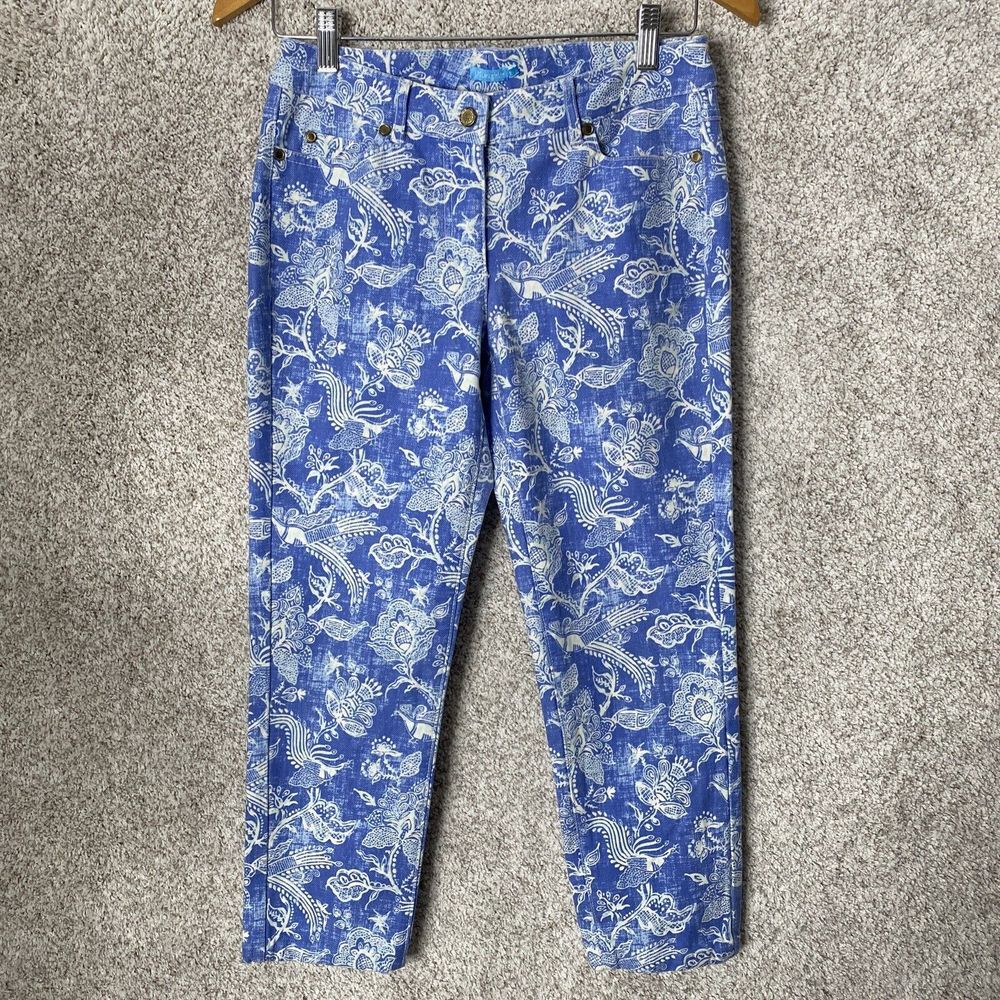 J MCLAUGHLIN LEXI Womens Sz 2 Blue White Peacock Floral‎ Print Pants